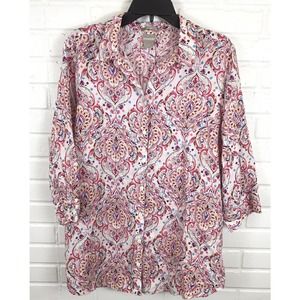 Chico's No Iron Linen Paisley Button Up 3/4 Sleeve Top
